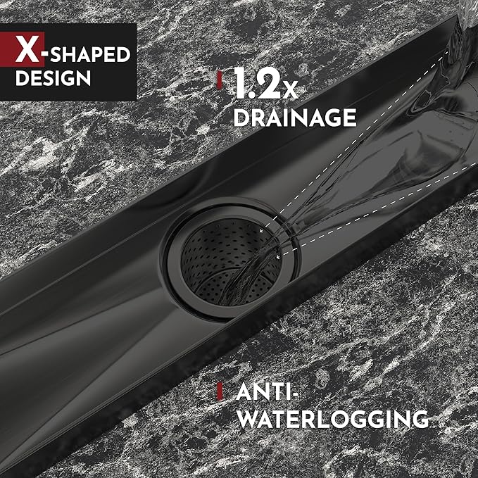 WEBANG 32 Inch Linear Shower Drain Rectangular Floor Drain with Accessories Rainline Pattern Cover Grate Removable SUS304 Stainless Steel CUPC Certified Matte Black