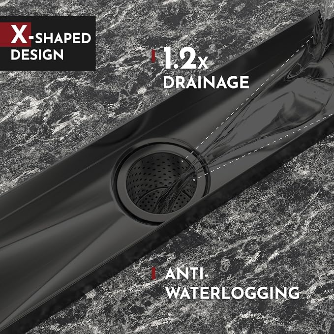 WEBANG 36 Inch Linear Shower Drain Rectangular Floor Drain with Accessories Rainline Pattern Cover Grate Removable SUS304 Stainless Steel CUPC Certified Matte Black