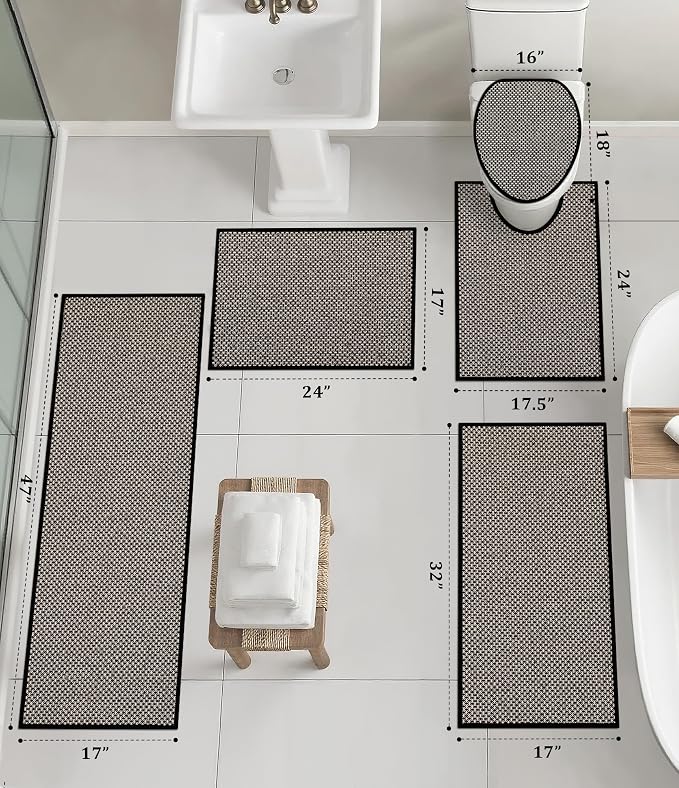 YIHOUSE Thin Bath Mat Black Bathroom Rugs Sets 5 Pieces, Non Slip Absorbent Bath Mats Quick Dry, Woven Braided Rugs Washable, Bathroom Toliet,Bathtub