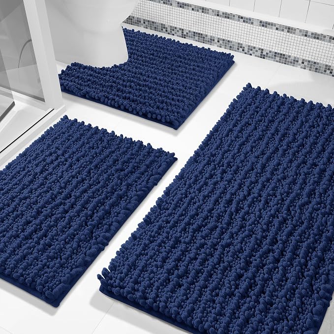 Yimobra Bathroom Rug Set 3 Piece, Super Absorbent Bath Mat Set, Navy Blue | Quick Dry Soft Chenille Bath Rugs & Toilet Rug, Non Slip Machine Washable, Extra Thick Shaggy Floor Mat for Shower Tub Sink