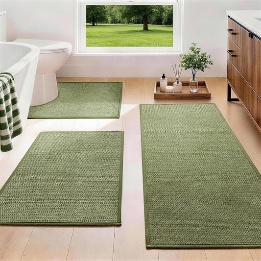 YIHOUSE Green Bathroom Rugs Sets 3 Piece, Quick Dry Thin Bath Mat with Toilet Rug, Non Slip Absorbent Machine Washable, Bath Runner Rugs for Bathtub Sink Home Decor