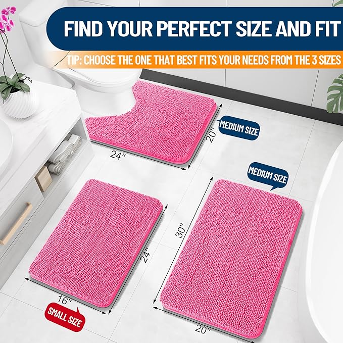 OLANLY Bathroom Rugs 30x20, Extra Soft Absorbent Chenille Bath Rugs | Hot Pink, Quick-Drying Rubber Backing, Machine Washable Bath Mat for Bathroom Floor, Tub and Shower, Home Decor Accessories