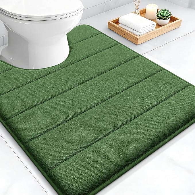 OLANLY Memory Foam Toilet Rugs U Shaped 24x20, Super Soft and Absorbent | Olive Green, Quick Dry Commode Contour Bath Rugs, Machine Washable Toilet Mat, Comfortable Bathmat Carpet for Bathroom Floor