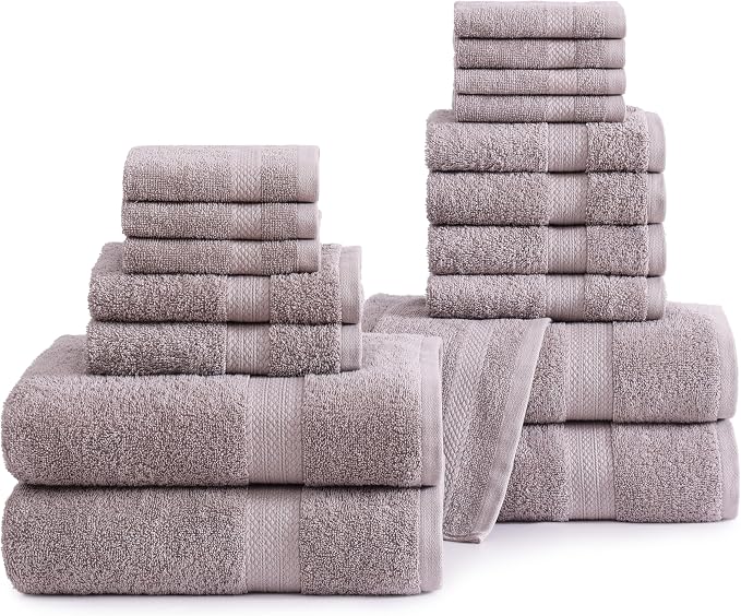 LANE LINEN Bath Towel Set 100% Cotton 18 Piece Soft Absorbent - Platinum | Cotton Towel Set - Densely Woven & Soft, Easy-Care, Coordinated Colors, OEKO-TEX Certified, Ring-Spun Durability
