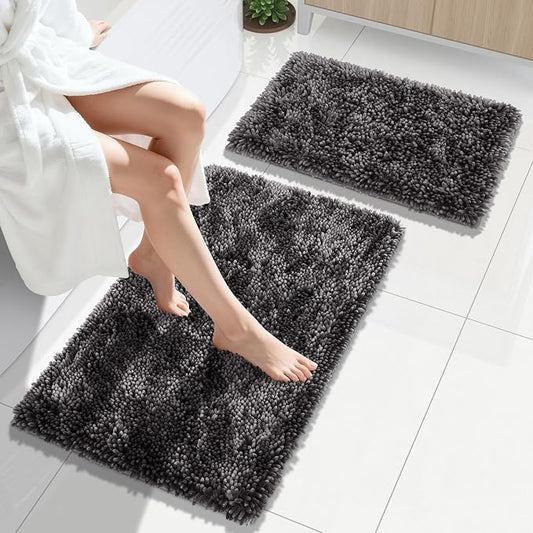 Yimobra Bathroom Rug Set 2 Piece, Luxury Shaggy Bath Mat Set with Non Slip Backing, Ultra Soft & Absorbent Mats for Bathroom Floor, Machine Washable, 31.5"x20"+24"x17", Dark Grey