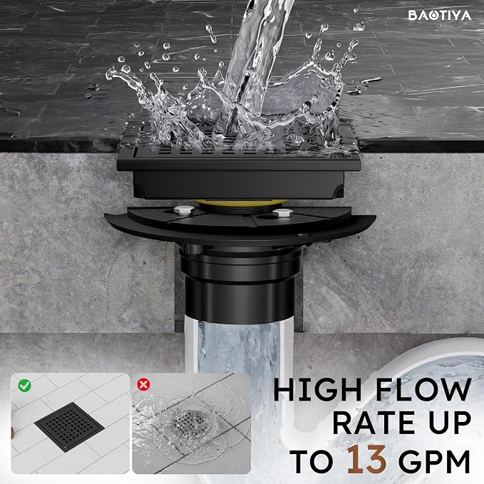 6 Inch Square Black Shower Drain with Flange, Modern Floor Drain with Quadrato Pattern Grate Removable,SUS 304 Stainless Steel