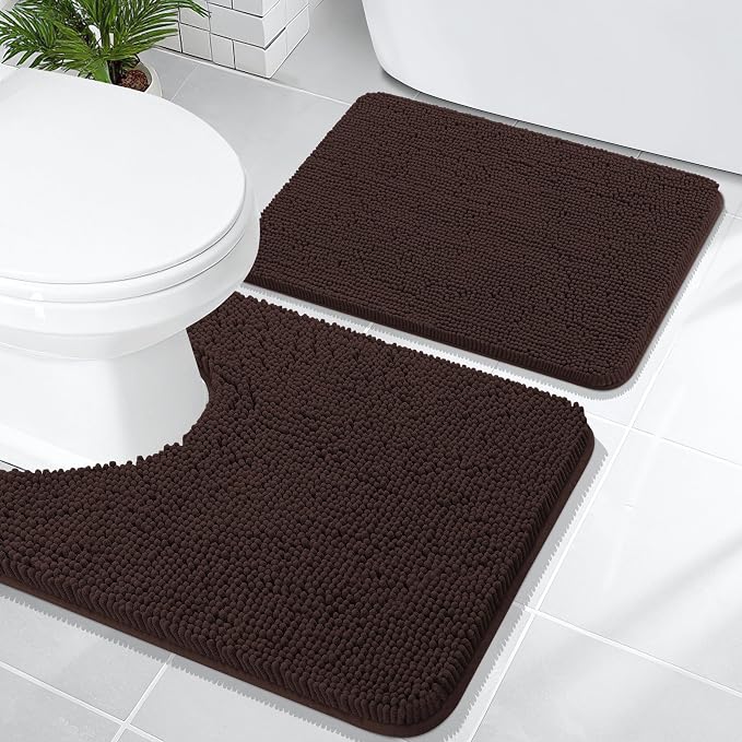 OLANLY Chenille Bathroom Rugs Mats Sets 2 Piece, 24"x16"+24"x20", Brown | Soft Absorbent Bath Mat and U-Shaped Contour Toilet Rug Set, Quick Dry, Machine Washable Bath Carpet, Home Decor Accessories
