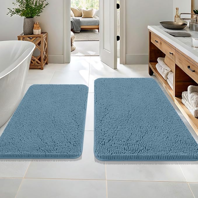 OLANLY Chenille Bathroom Rugs Mats Sets 2 Piece, 36"x24"+30"x20", Airy Blue | Ultra Soft Absorbent Bath Rugs Set, Rubber Backing Non-Slip, Quick Dry, Machine Washable Bath Carpet, Home Decor Accessories