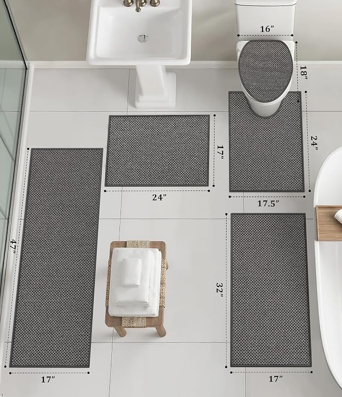 YIHOUSE Thin Bath Mat Dark Grey Bathroom Rugs Sets 5 Pieces, Non Slip Absorbent Bath Mats Quick Dry, Woven Braided Rugs Washable, Rubber Tapetes para Baño for Bathroom Toliet,Bathtub