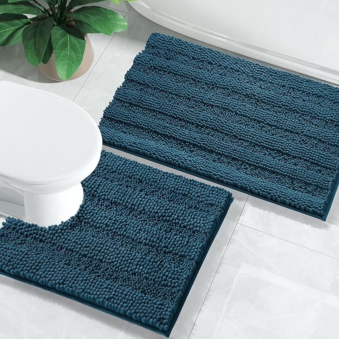 Yimobra U Shaped Toilet Rug Set, Soft Chenille, 24x17+24x20, Peacock Blue | Non Slip Machine Washable Quick Dry, Plush Absorbent Shower Rugs for Bathroom Floor Sink Tub and Shower Outside