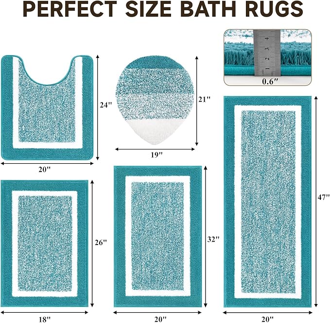 Pauwer Bathroom Rugs Set 5 Piece, Non Slip Microfiber Bath Mat, Aqua Blue | Washable Bathroom Mat with U Shaped Toilet Rug, Long Shower Runner, Toilet Lid Cover, Quick Dry Absorbent Plush Floor Carpet