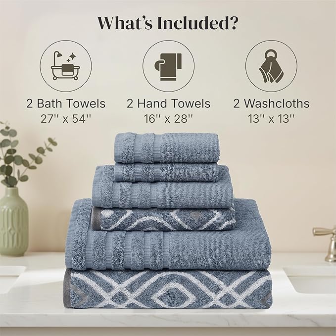 Modern Threads 6 Piece Bath Towel Set – Bathroom Set with 2 Bath Towels, 2 Hand Towels, and 2 Wash Cloths – 100% Cotton, Super Absorbent & Extra Soft – Reversible Classic Diamond (Blue)