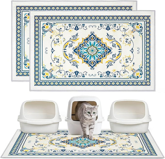 2 Pack Washable Cat Litter Mat 48"x36" Waterproof Trapping Pad | Kitty Litter Box Mat Featuring A Non-Slip Base And Decorative Design To Trap Scatter For Home Floor Protection