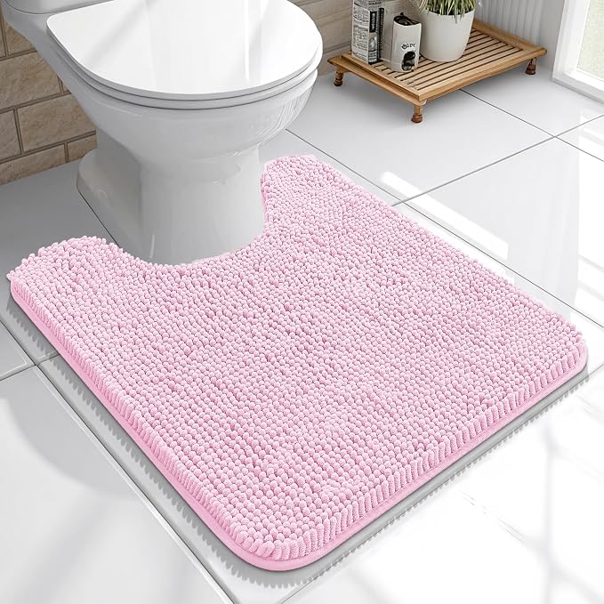 OLANLY Toilet Rugs U-Shaped 20x20, Soft Absorbent Chenille Contour Rugs | Pink, Quick-Drying Rubber Backing, Machine Washable Non-Slip Shaggy Bathroom Mat for Toilet, Home Decor Accessories