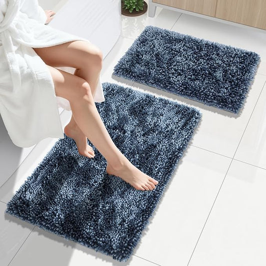 Yimobra Bathroom Rug Set 2 Piece, Luxury Shaggy Bath Mat Set with Non Slip Backing, Ultra Soft & Absorbent Mats for Bathroom Floor, Machine Washable, 31.5"x20"+24"x17", Light Blue