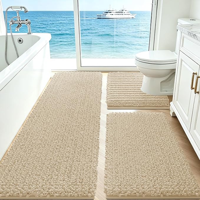 ACCUMTEK Upgrade Extra Large Beige Bathroom Rug Set 3 Pieces Ultra Soft, Thick Absorbent Bath Mats, Non Slip Chenille Toilet Mat for Bathroom, Bedroom, Kitchen