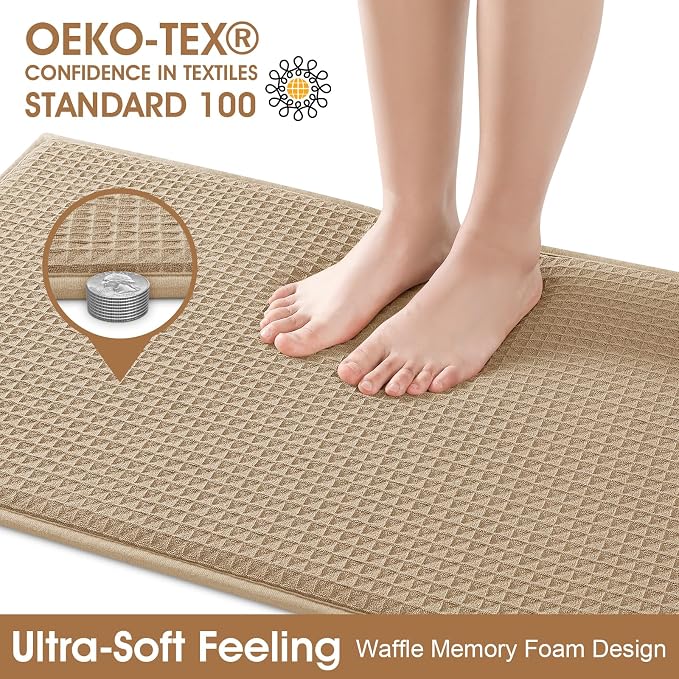 ACCUMTEK Memory Foam Bath Mat Set 3 Piece, Ultra Soft Absorbent Waffle Bathroom Rugs, Super Non-Slip PVC Backing Bath Rug Quick Dry, Machine Washable Rug for Tub, Shower, Home Decor Accessory, Beige