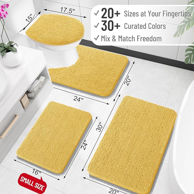 OLANLY Small Bathroom Rugs 30x18, Extra Soft Absorbent Chenille Bath Rugs | Yellow, Quick-Drying Rubber Backing, Machine Washable Bath Mat for Bathroom Floor, Tub and Shower, Home Decor Accessories