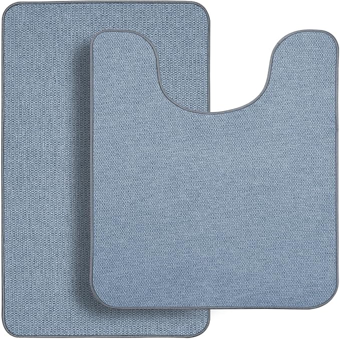 Bosap Bath Mat Set 2 Pieces,Ultra Thin Bathroom Rugs,Rubber Toilet Rugs | Non Slip,Quick Dry,Machine Washable,Low Pile,Absorbent,Shower,Sink,Bathroom Decor.(Blue,17"x27" Plus 20"x24"U Shaped)