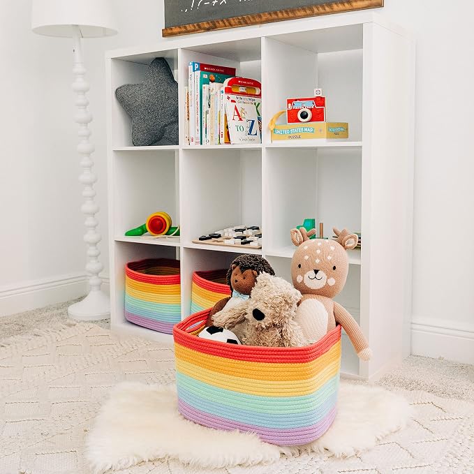 OrganiHaus Rainbow Cotton Rope Baskets for Shelves, Set of 3 - 15"×10"×9½" - Colorful Storage Baskets for Kids - Nursery, Playroom, Classroom - Toy Storage, Books, Towels