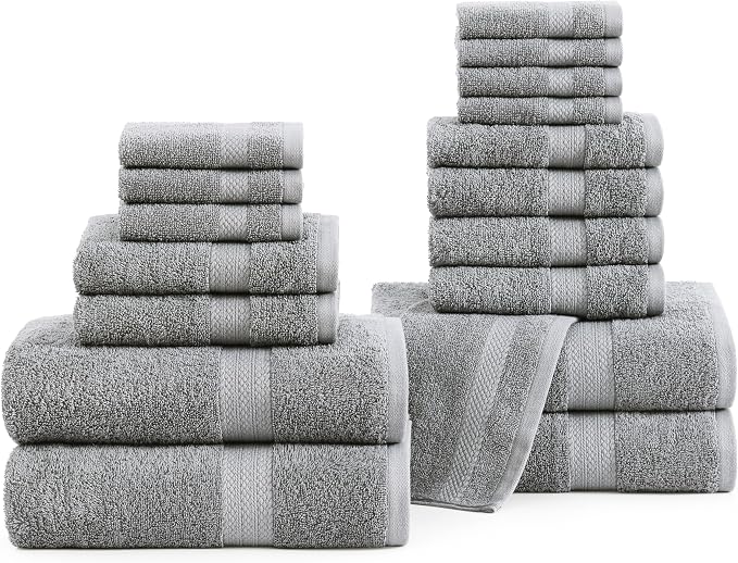 LANE LINEN Towel Set Soft Absorbent Quick Dry 100% Cotton 18 Piece - Grey | Cotton Bath Towels - Lightweight & Breathable, Fade-Resistant Color, Classic Terry Weave, Densely Woven & Durable