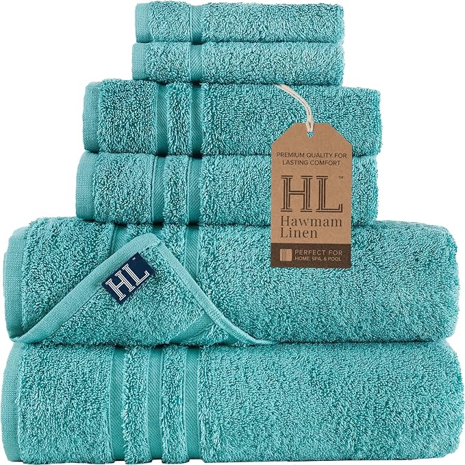 Hawmam Linen Teal Turquoise 6 Piece Bath Towels Set for Bathroom Original Turkish Cotton Soft, Absorbent and Premium 2 Bath Towels, 2 Hand Towels, 2 Washcloths