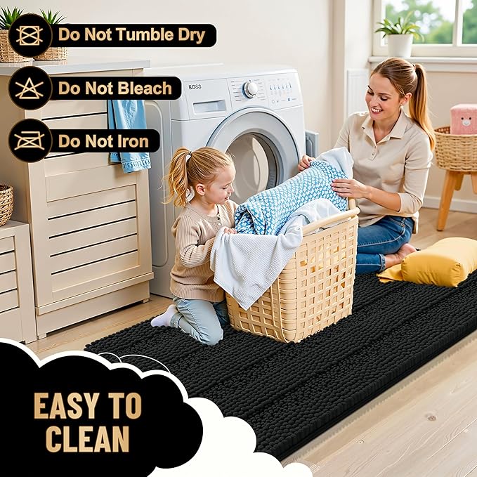 OLANLY Thick Chenille Bathroom Rugs Sets 3 Piece, 30"x20"+24"x16"+24"x20" | Black, Absorbent Bath Mats and U-Shaped Contour Toilet Rug, Home Decor Accessories, Bath Mat Set for Bathroom