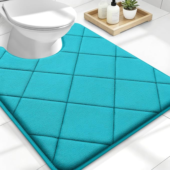 OLANLY Memory Foam Toilet Rugs U-Shaped 24x20, Ultra Soft and Absorbent Bathroom Rugs, Machine Washable Quick Dry, Comfortable Bathroom Contour Bath Mats for Toilet Base, Teal