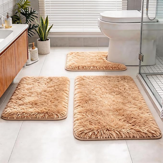 Shaggy Bathroom Rugs Set Plush Velvet Bath Rugs Non-Slip Bath Mat Set 3 Piece,Washable Mats,Absorbent Shaggy Rugs Super Soft U-Shaped Toilet Rug,Bahroom Carpets for Bathroom,Tub,Shower(Brown