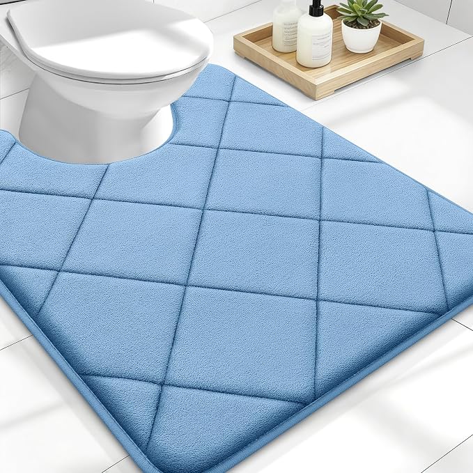 OLANLY Memory Foam Toilet Rugs U-Shaped 24x20, Ultra Soft and Absorbent | Blue, Quick Dry Commode Contour Rugs, Machine Washable, Comfortable Bathroom Contour Bath Mats for Toilet Base