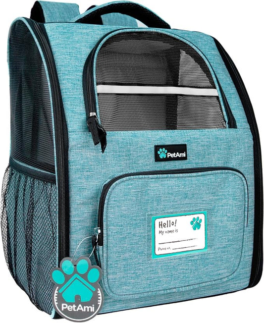 PetAmi Dog Backpack Carrier Airline Approved Cat Pet Puppy Bag, Turquoise | Ideal for Small Medium Large Pet up to 18 lb, 2 Side Entry Structured No-Collapse Frame, Ventilated Bookbag for Hiking Travel