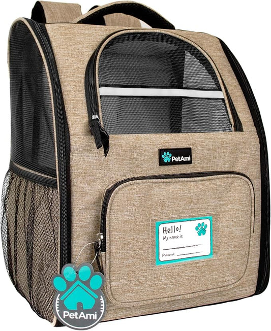 PetAmi Dog Backpack Carrier Airline Approved Cat Pet Puppy Bag, Taupe | Ideal for Small Medium Large Pet up to 18 lb, 2 Side Entry Structured No-Collapse Frame, Ventilated Bookbag for Hiking Travel