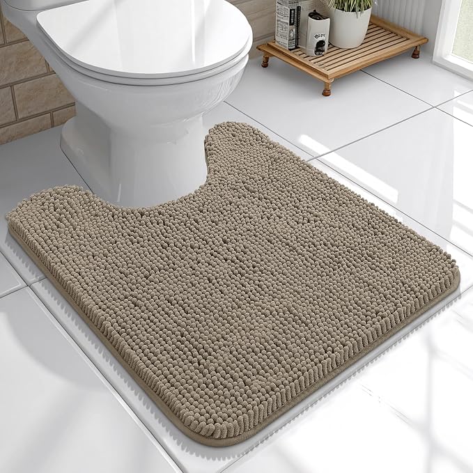 OLANLY Toilet Rugs U-Shaped 20x20, Soft Absorbent Chenille Contour Rugs | Warm Taupe, Quick-Drying Rubber Backing, Machine Washable Non-Slip Shaggy Bathroom Mat for Toilet, Home Decor Accessories