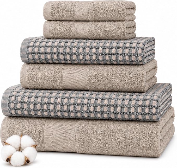 Modern Threads 6 Piece Cotton Bath Towel Set – Ultra Soft 600 GSM Towels – Bathroom Set with Hand Towels and Washcloths – Waffle (Charcoal)