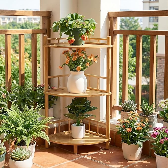 3-Tier Expandable Bamboo Corner Shelf Stand,Corner Bookshelf, Display Storage Shelves with Open Shelves, for Organization and Storage, Living Room, Home Office, Garage (Natural, 3-Tier WithRail)