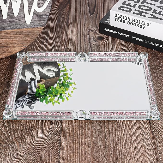 Mirror Perfume Tray for Dresser,Crushed Diamond Filled Glass Vanity Tray,Decorative Bathroom Tray,Crystal Tray for Home Decorative,Party,Hotel Banquet,11.8"x 7.9"x1.2",Pink