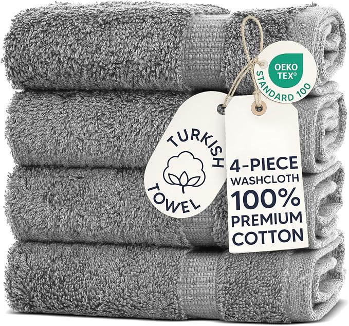 Chakir Turkish Linens 100% Cotton 4-Pack Washcloths 13x13, Gray | 100% cotton washcloths, 4-pack 13x13, OEKO-TEX certified, soft absorbent face towels