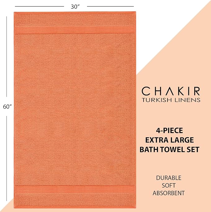 Chakir Turkish Linens 100% Cotton 4-Pack Bath Towels 30x60, Coral | 100% cotton bath towels, 30x60 extra large, OEKO-TEX certified, soft plush and absorbent