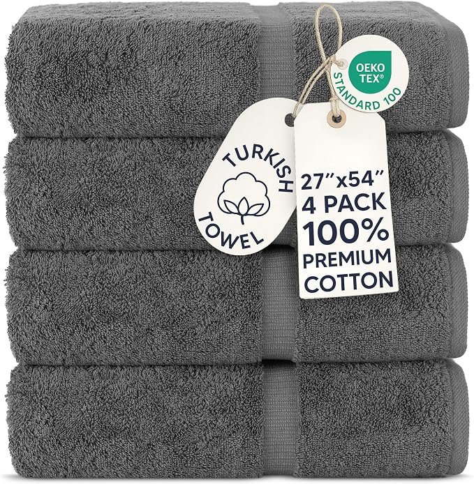 Chakir Turkish Linens 100% Cotton 4-Pack Bath Towels 27x54, Dark Gray | 100% cotton bath towels, set of 4 at 27x54, OEKO-TEX certified, soft plush and absorbent
