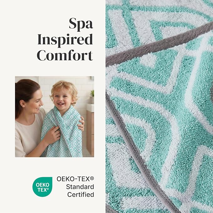 Modern Threads 6 Piece Bath Towel Set – Bathroom Set with 2 Bath Towels, 2 Hand Towels, and 2 Wash Cloths – 100% Cotton, Super Absorbent & Extra Soft – Reversible Classic Diamond (Aqua)