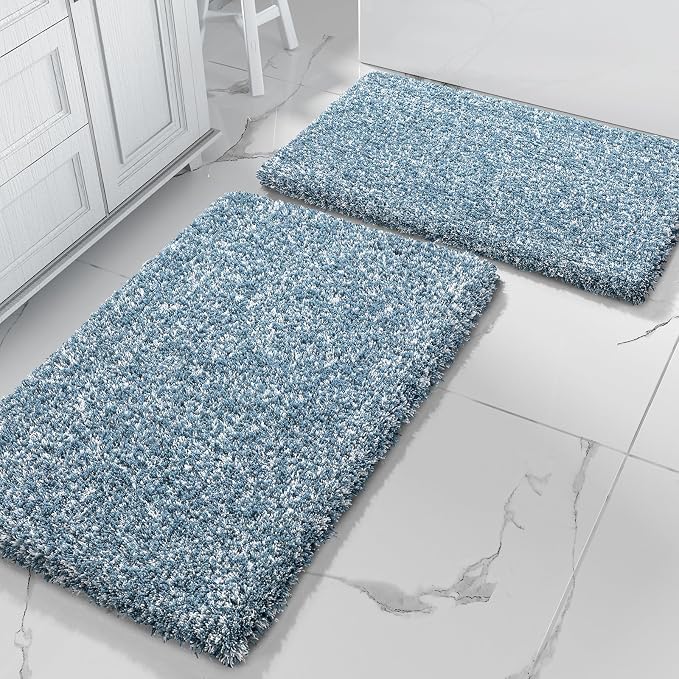 Yimobra Bathroom Rugs Sets 2 Piece, 32x20+24x17, Denim Blue and White | Soft Absorbent Microfiber Bath Mat Set, Non Slip, Machine Washable Quick Dry, Plush Shaggy Shower Rugs for Bathroom Floor