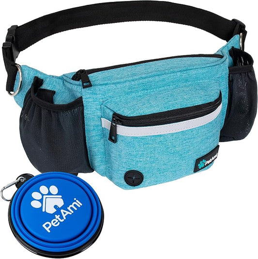 PetAmi Dog Fanny Pack, Treat Pouch for Dog Walking Training, Turquoise Blue | Built in Poop Bag Dispenser, Water Bottle Holder, Collapsible Bowl, Pet Treat Waist Belt for Hiking Running Kibbles