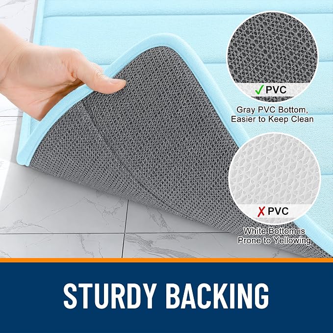 OLANLY Memory Foam Long Bathroom Rugs Runner 47x20, Super Soft Absorbent | Sky Blue, Quick Dry Bath Mat, Machine Washable Shower Floor Rugs, Bathmat Carpet for Bathroom Floor, Tub and Shower