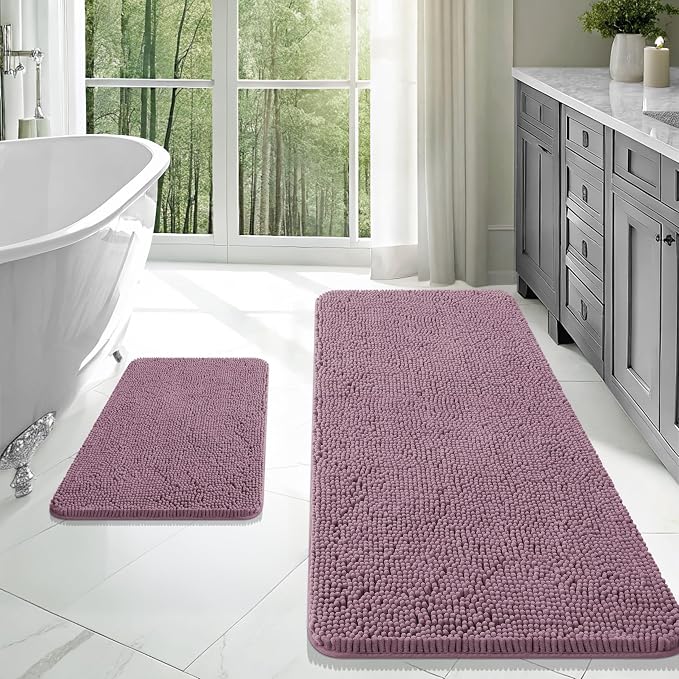 OLANLY Chenille Bathroom Rugs Mats Sets 2 Piece, 47"x20"+24"x16", Deep Plum | Ultra Soft Absorbent Bath Rugs Set, Rubber Backing Non-Slip, Quick Dry, Machine Washable Bath Carpet, Home Decor Accessories