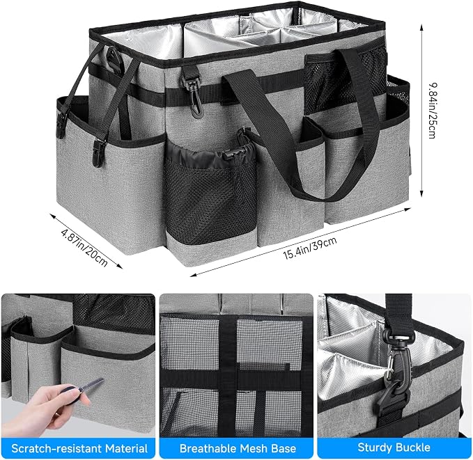 Cleaning Caddy Bag, Large Cleaning Supplies Organizer for Housekeepers, Housekeeping Caddy with Handle and Detachable Padded Cushion, Gray