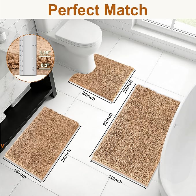 Bathroom Rugs Sets 3 Piece Non Slip Washable Bath Mat Set | Microfiber bath rug set with toilet mats for bathroom , Soft Absorbent toilet rug set TPR Rubber Backed bathroom floor mat