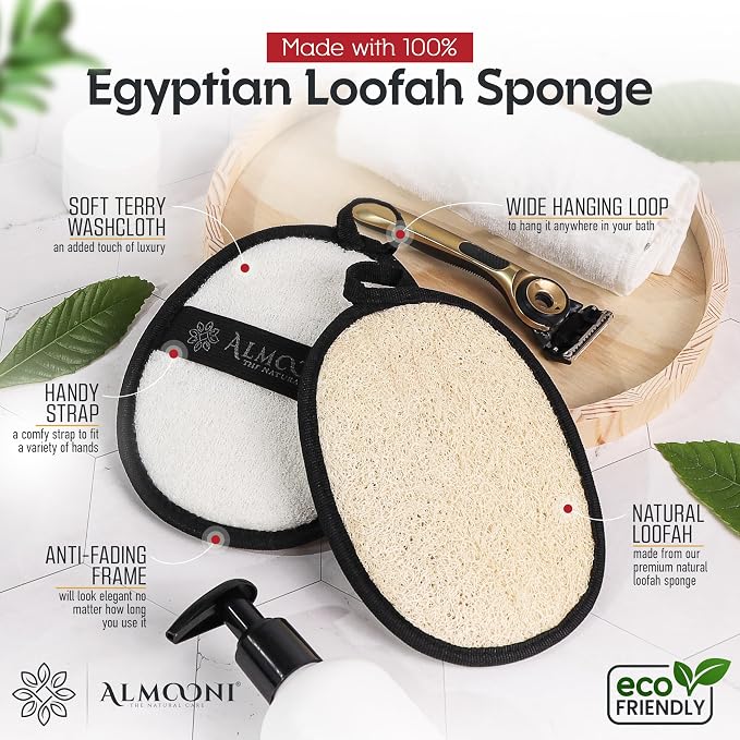 ALMOONI Loofah Sponge Body Scrubber for Men, Black, 2 Count | Natural Egyptian Loofah with Handle Strap, Dual-Sided with Cotton Back, Exfoliating Body Scrubber Loofah for Men