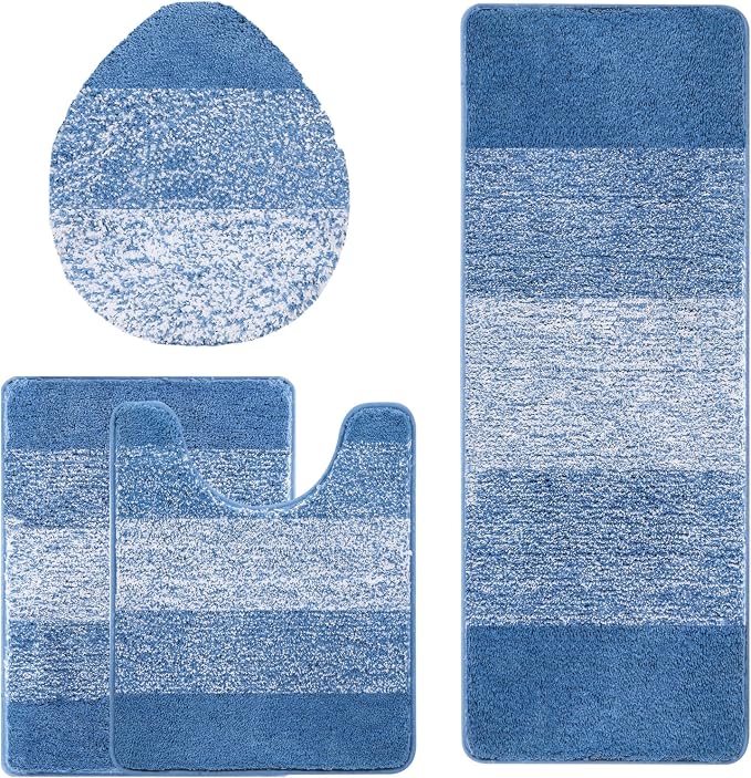 Bsmathom Bathroom Rug Set 4 Piece, Plush Microfiber Bath Mat, Blue | Extra Water Absorbent, Non Slip Washable Runner Bath Rugs with Toilet Lid Cover and U-shaped Contour Toilet Mat