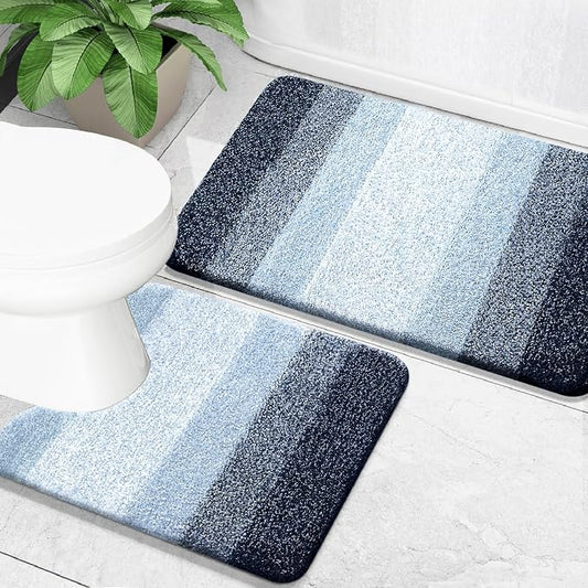 OLANLY Micorfiber Bathroom Rug Set 2 Piece, 30"x20"+U-Shaped 24"x20" | Dark Blue, Soft Absorbent Bath Mats and Contour Toilet Rug, Non-Slip, Machine Wash Dry, Plush Shaggy Bath Mats for Bathroom