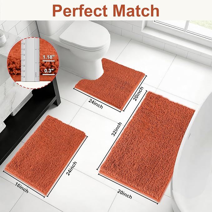 Bathroom Rugs Sets 3 Piece Non Slip Washable Bath Mat Set | Microfiber bath rug set with toilet mats for bathroom , Soft Absorbent toilet rug set TPR Rubber Backed bathroom floor mat